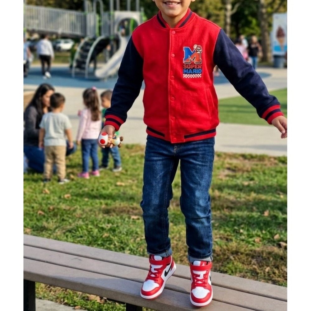 Nintendo Super Mario Boys Varsity Jacket Red Navy Blue Snap Front Size 13/14